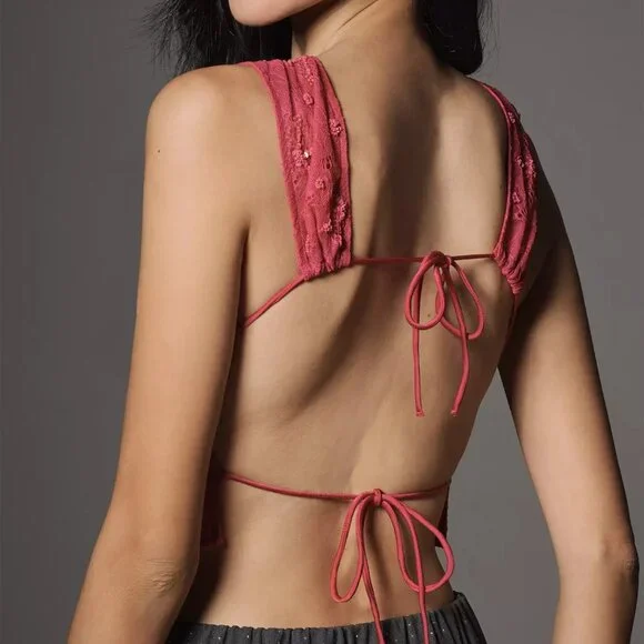 Anthropologie Sequin Lace Backless PInk Crop Top Size: XS - Picture 4 of 10